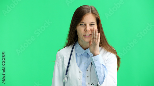 Female doctor, close-up, on a green background, tells a secret