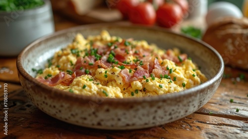 Rustic Farmhouse Breakfast Unwind: Hearty Breakfast with Scrambled Eggs, Bacon, Homemade Bread, Old Wooden Table, Rustic Kitchen, Morning Sunlight photo