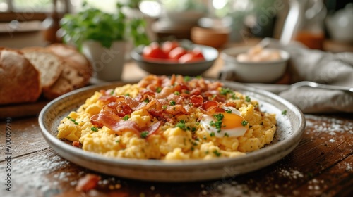 Rustic Farmhouse Breakfast Unwind: Hearty Breakfast with Scrambled Eggs, Bacon, Homemade Bread, Old Wooden Table, Rustic Kitchen, Morning Sunlight