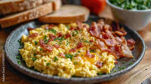 Rustic Farmhouse Breakfast Unwind: Hearty Breakfast with Scrambled Eggs, Bacon, Homemade Bread, Old Wooden Table, Rustic Kitchen, Morning Sunlight