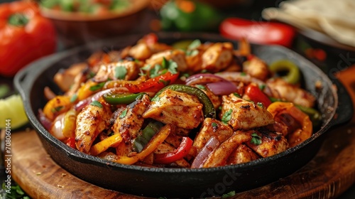 Tex-Mex Fajitas Unwind: Lively Tex-Mex Restaurant with Sizzling Fajitas, Chicken, Peppers, Onions, Festive Colorful Atmosphere
