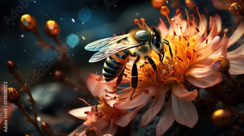 Bee pollinates flower of chrysanthemum, close-up © Bilal