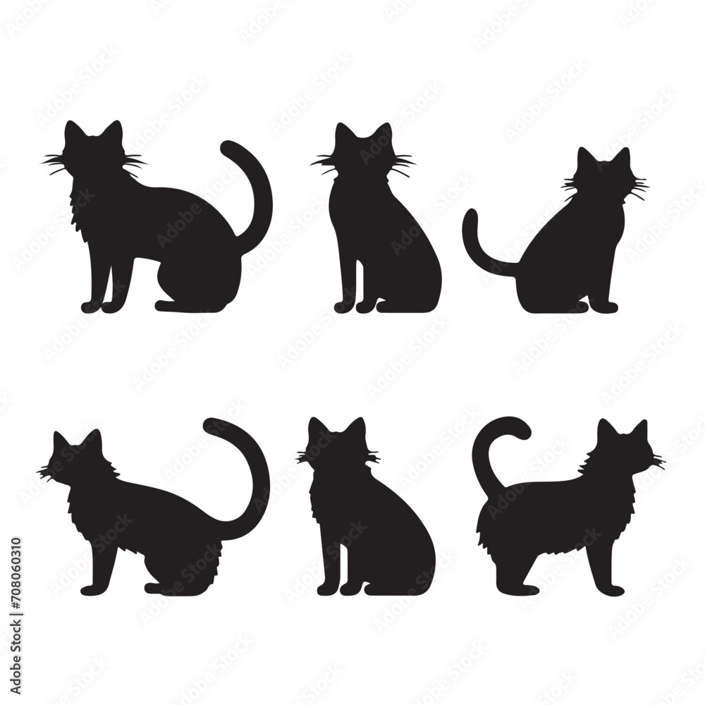 A black silhouette Kitty set, Clipart on a white Background, Simple and Clean design, simplistic