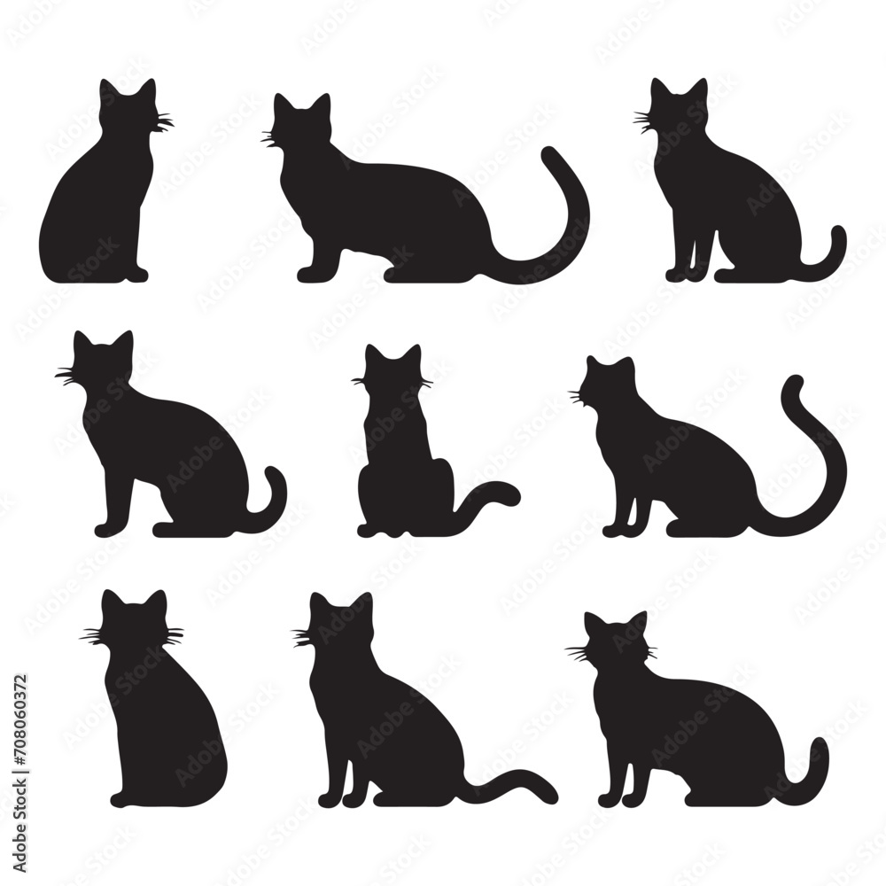 A black silhouette Kitty set, Clipart on a white Background, Simple and Clean design, simplistic