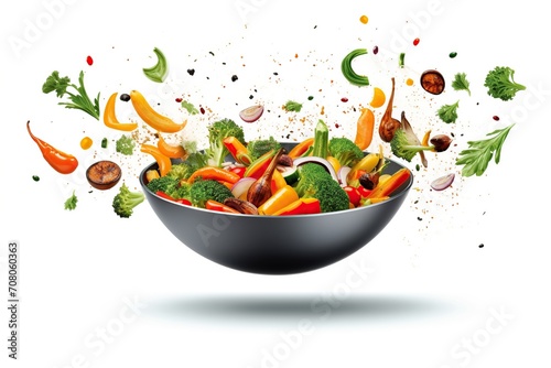 Fresh vegetables falling into pan