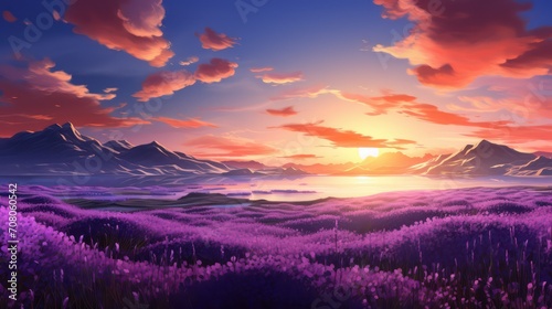 Beautiful sunset over purple lavender field