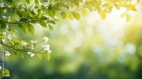 Blossoming branch of jasmine with sun. Spring nature background