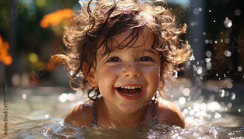 Smiling child enjoys wet summer, cheerful fun in swimming pool generated by AI
