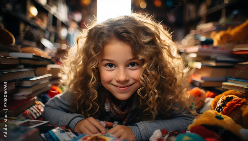 Smiling Caucasian girl, cheerful and cute, looking at camera happily generated by AI