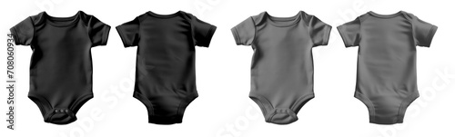 2 Set of black and dark grey gray, infant baby Bodysuit romper playsuit jumpsuit creepers, front, back view on transparent background cutout, PNG file. Mockup template for artwork graphic design. photo