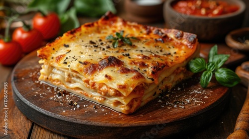 Rustic Italian Lasagna Unwind: Hearty Lasagna Piece in Rustic Kitchen, Fresh Tomatoes and Basil Background