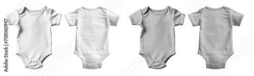 2 Set of white and light grey gray, infant baby Bodysuit romper playsuit jumpsuit creepers, front back view on transparent background cutout, PNG file. Mockup template for artwork graphic design.