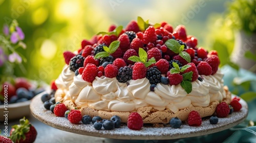 Summer Berry Pavlova Unwind: Airy Pavlova with Summer Berries, Mint, Outdoor Garden Party Table Setting