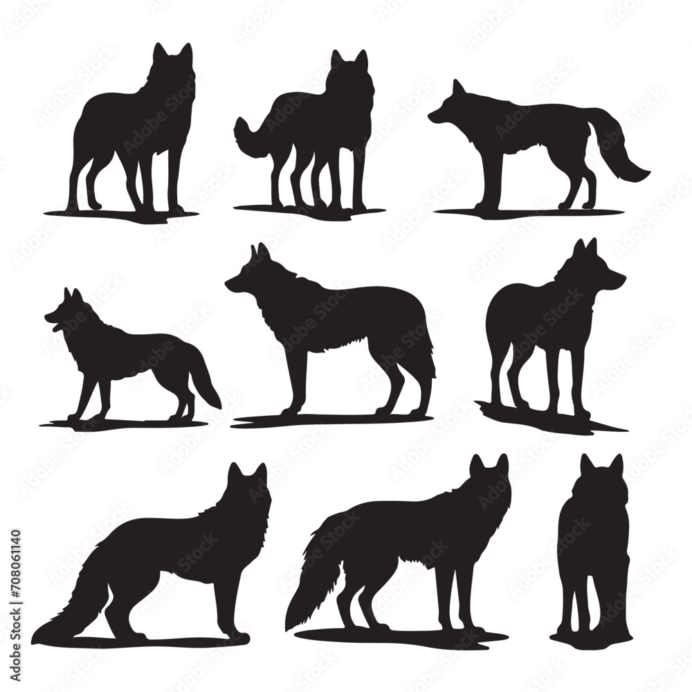 A black silhouette Fox set, Clipart on a white Background, Simple and Clean design, simplistic