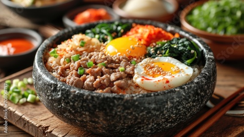 Traditional Korean Bibimbap Unwind: Hot Stone Bowl Bibimbap, Traditional Korean Setting, Chopsticks, Side Dishes, Authentic Ambiance