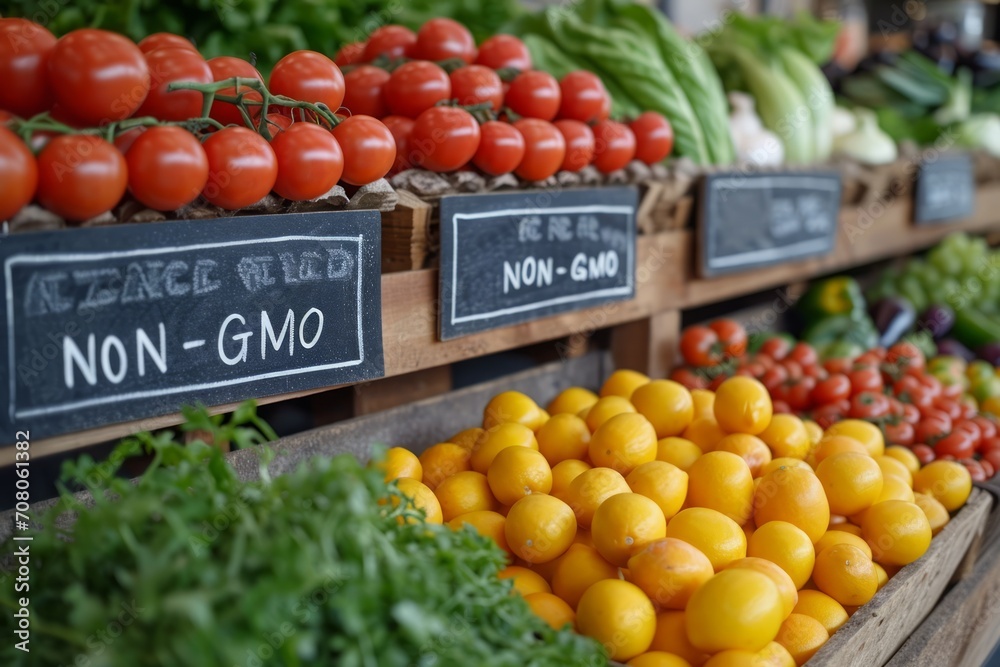 A bright market stand with fresh vegetables and fruits with a A bright market stand with fresh vegetables and fruits with a