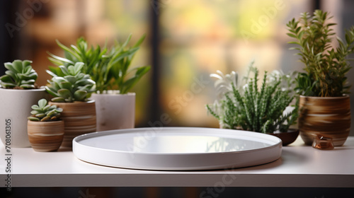 White tray with plants and different accessories around, soft focus background © lisssbetha