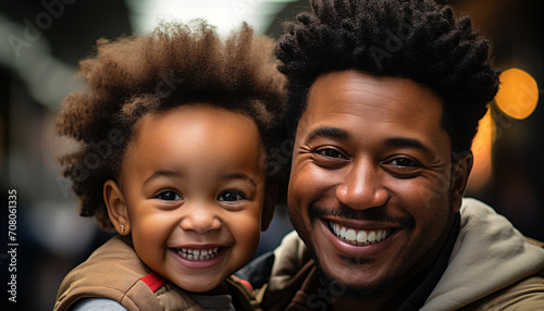 A happy African family smiling, bonding, and looking at camera generated by AI