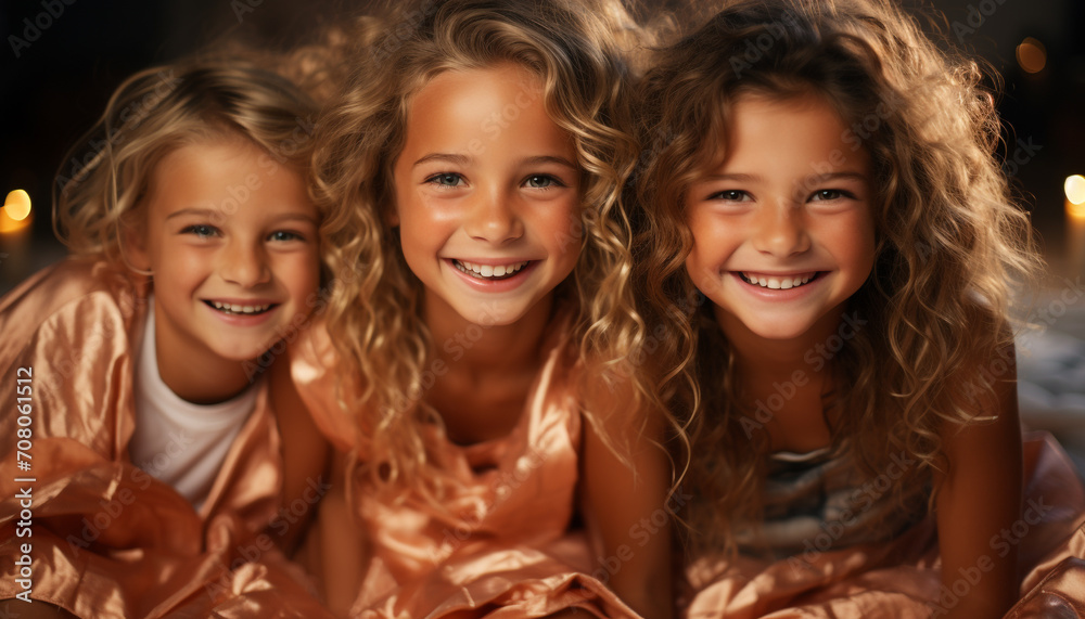 Obraz premium Smiling girls, cheerful childhood, cute portrait, friendship, joyful siblings playing generated by AI