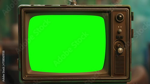 Classic Vintage TV set with green green zooming out. photo