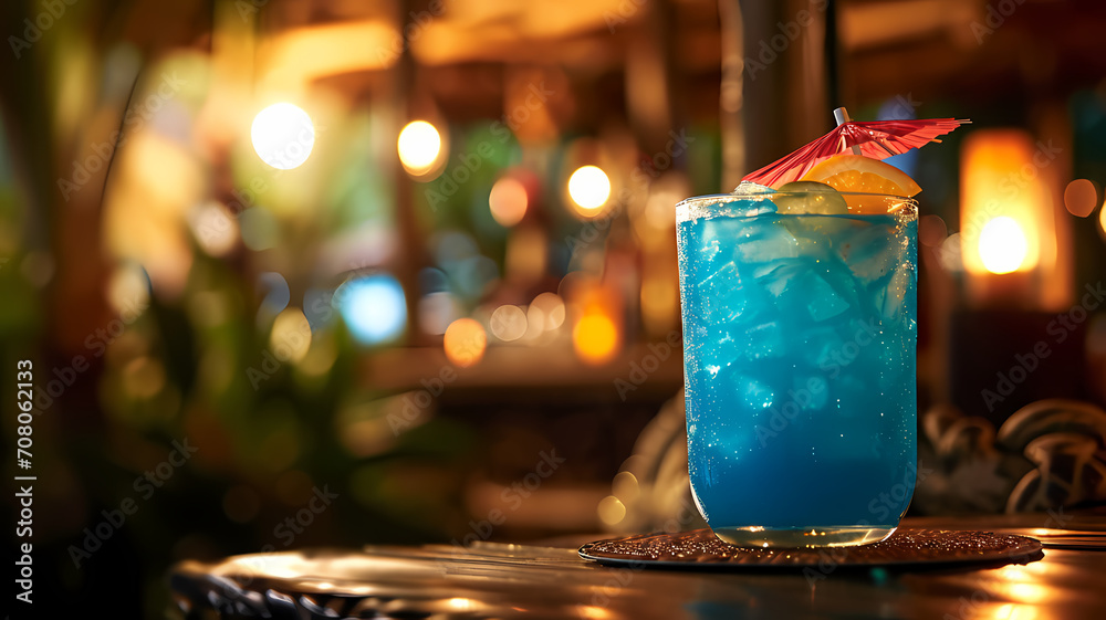 A delicious tropical blue alcoholic drink sitting on a coaster at a tiki bar in a tropical resort location, advertising for drinks, free copy space