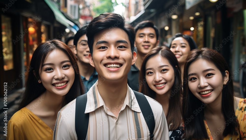 Fototapeta premium Smiling young adults in Beijing, enjoying friendship and togetherness outdoors generated by AI
