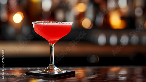 A delicious red cocktail drink sitting on a bar coaster, advertising for drinks, free copy space