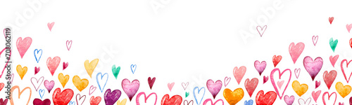 Romantic PNG background with horizontal border made of beautiful falling pink yellow and red watercolor hearts isolated. Happy Valentine's Day illustration