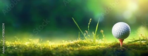 Golf ball on a tee of green field. Radiant sunshine filtering through a verdant backdrop. Panorama with copy space.