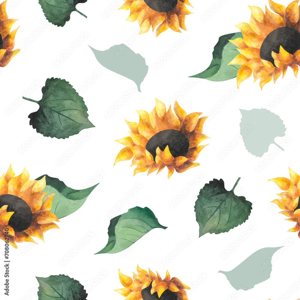 Watercolor sunflowers leaves seamless pattern Colorful floral print for wallpaper wrapping paper childish clothes baby decor linen textile bright background Botanical Floral Bright Summer 2024
