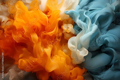 Amber and azure liquids colliding, forming a dynamic and vivid wallpaper