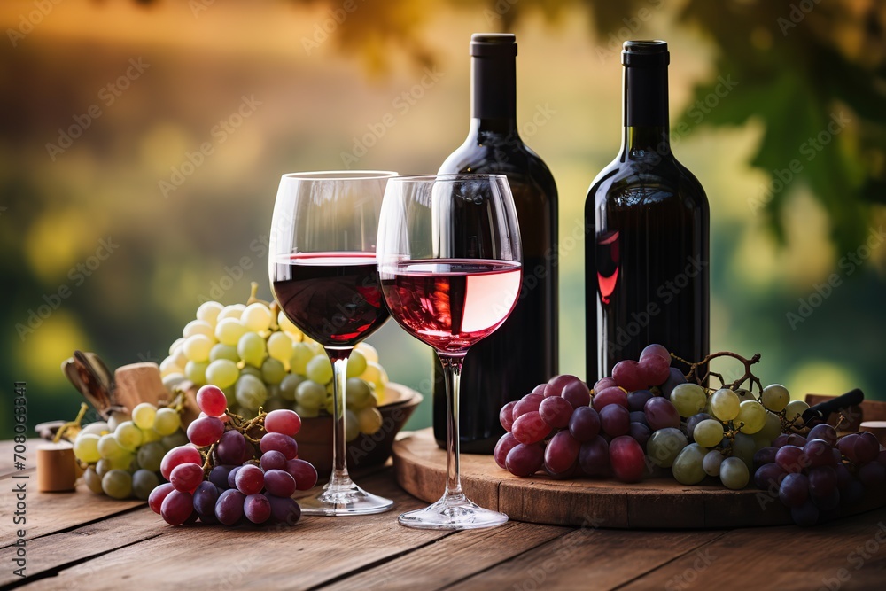 Bottles and glasses of red wine with ripe grapes on vineyard background