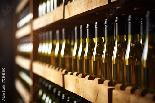 Wine bottles on the wooden wine shelf