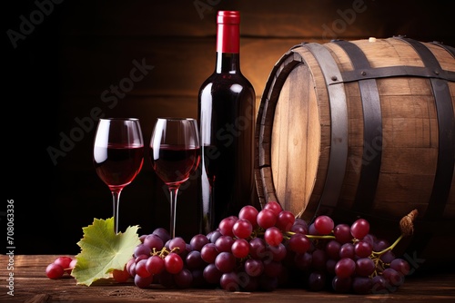 Bottle and glasses of red wine with grapes and barrel on wooden background