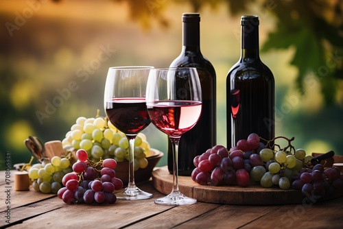 Bottles and glasses of red wine with ripe grapes on vineyard background
