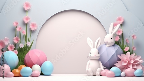 Podium Easter decor with cute bunnies 3D style