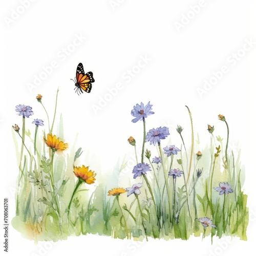 Aquarell einer bunten Blumenwiese mit Schmetterlingen Illustration