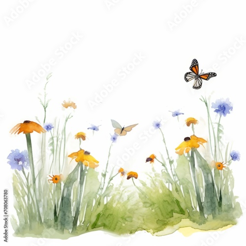Aquarell einer bunten Blumenwiese mit Schmetterlingen Illustration