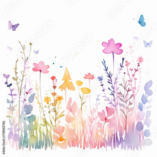 Aquarell einer bunten Blumenwiese mit Schmetterlingen Illustration photo