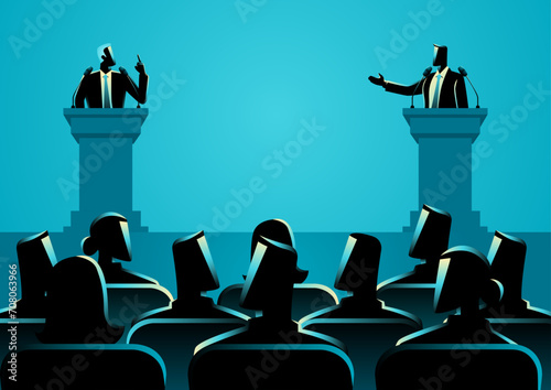 Vector illustration depicting two individuals engaged in a spirited debate on a podium, symbolizing the essence of dialogue, differing perspectives, and the vibrant exchange of ideas