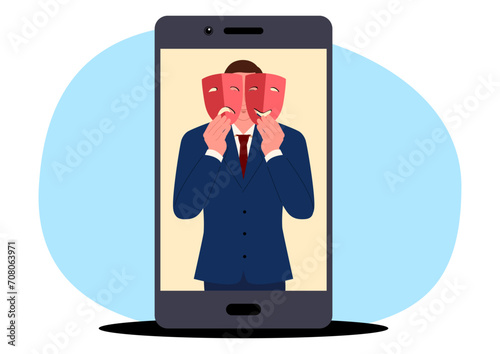 Man in a suit holding both a happy and sad mask, symbol of pretense, hiding true emotions behind a facade. Ideal for conveying themes of authenticity, emotional complexity, or psychological concepts