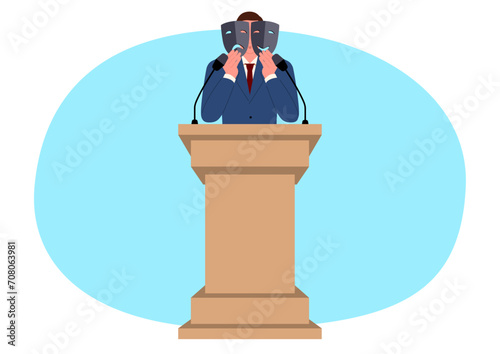 Politician holding both a happy and a sad mask on the podium, symbol of the political personas, conveying the duality of expressions in the public eye, satirical themes, multifaceted world of politics