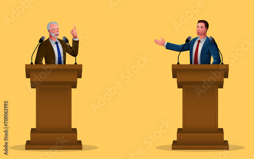 Vector illustration depicting two individuals engaged in a spirited debate on a podium, symbolizing the essence of dialogue, differing perspectives, and the vibrant exchange of ideas