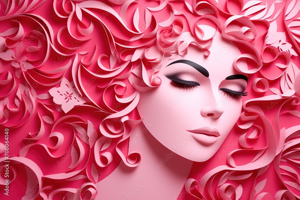 Beautiful woman face with paper flowers on pink background, 3d rendering, Ai Generated