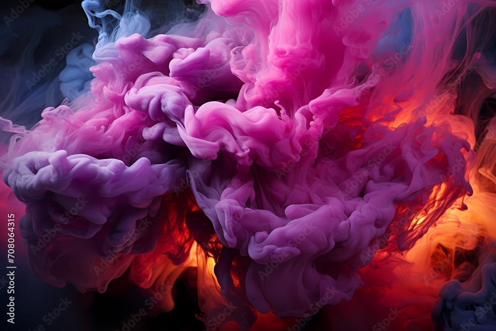 A burst of intense magenta and deep indigo liquids intertwining with explosive force, crafting a dynamic and vibrant spectacle, captured with precision by an HD camerar