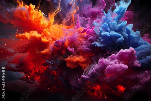A burst of intense magenta and deep indigo liquids intertwining with explosive force, crafting a dynamic and vibrant spectacle, captured with precision by an HD camera