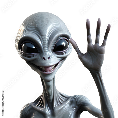 grey alien are smiling and waving greeting, white or transparent background , PNG, Generative AI