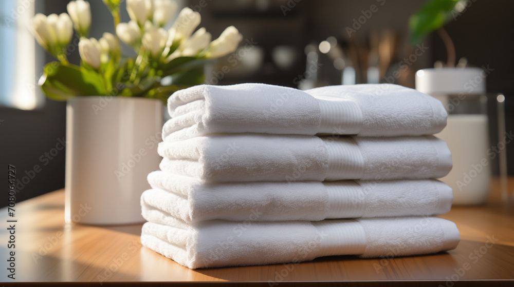 Stack of white towels on the table in the room for relaxation. Concept of spa and relaxation Stack of white towels on the table in the room for relaxation. Concept of spa and relaxation