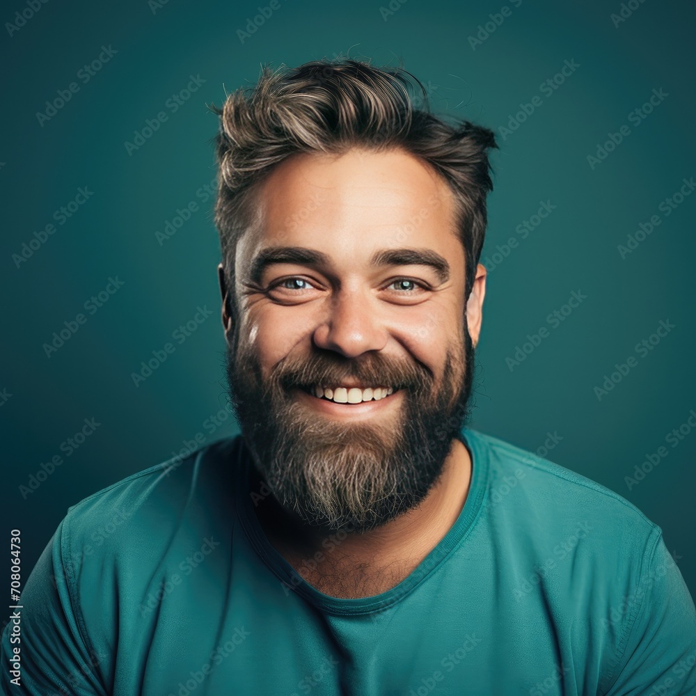 Portrait Headshot of a Happy Man with a Beard on a Teal Background Portrait Headshot of a Happy Man with a Beard on a Teal Background