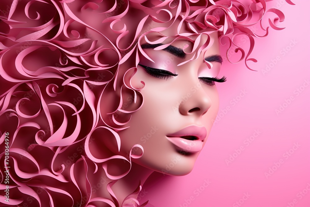 Fashion portrait of beautiful young woman with pink curly hair, 3d rendering, Ai Generated